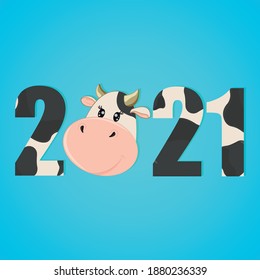 Fondo de Navidad con la imagen de los números del año y una linda vaca de dibujos animados. El toro es un símbolo del año nuevo. Año del icono del toro. Ilustración del vector EPS 10.