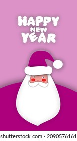 Christmas background, the inscription "Happy New Year".Fat Santa Claus in mittens, a hat and purple clothes. Fulfillment of wishes for the new year. A grandfather with a white beard. A greeting card.