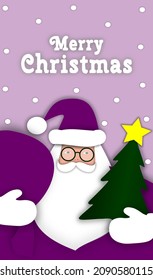 Christmas background, the inscription "Merry Christmas".Fat Santa Claus in purple clothes holds a bag with gifts, a Christmas tree. A grandfather with a white beard. A New Year's greeting card.