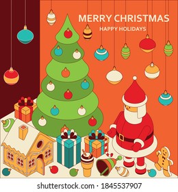 Christmas background with isometric cute toys. Funny Santa and gingerbread house. Xmas greeting card or banner concept. Vector illustration.