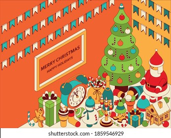 Christmas background with isometric cute toys. Funny Santa and gingerbread house. Xmas greeting card or banner concept. Vector illustration.