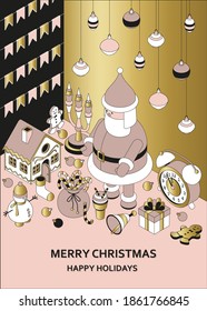 Christmas background with isometric cute toys. Funny Santa and gingerbread house. Xmas greeting card or banner concept. Vector illustration.