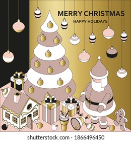 Christmas background with isometric cute toys. Funny Santa and gingerbread house. Xmas greeting card or banner concept. Vector illustration.