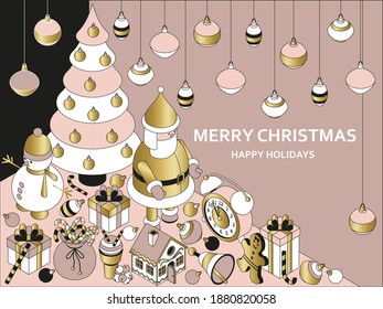 Christmas background with isometric cute toys. Funny Santa and gingerbread house. Xmas greeting card or banner concept. Vector illustration.