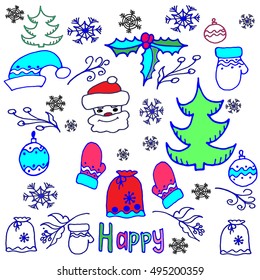 Christmas background of items on white