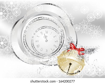 Christmas background with jingle bell and clock