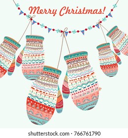 Christmas background with knitted mittens. Vector New Year illustration