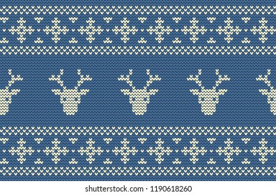 Christmas background. Knitted pattern with deer heads on a blue background. Ornament. Seamless border. Vector illustration.