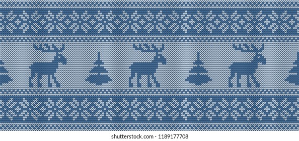Christmas background. Knitted pattern with deers and fir trees in blue colors. Ornament. Seamless border. Vector illustration.