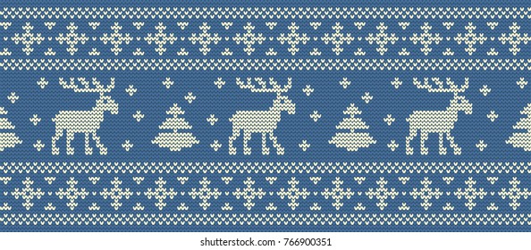 Christmas background. Knitted pattern with deers and fir trees. Ornament. Seamless border. It can be used as a background. Vector illustration.