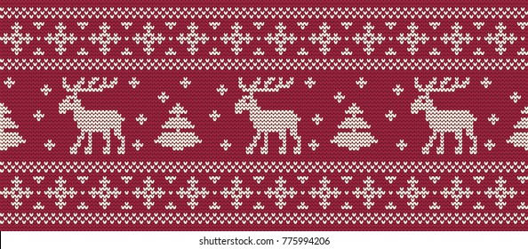 Christmas background. Knitted pattern with deers and fir trees on a red background. Ornament. Seamless border. It can be used as a background. Vector illustration.