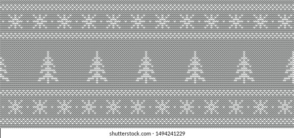 Christmas background. Knitted pattern with fir trees and snowflakes on a gray background. Ornament. Seamless border. Vector illustration