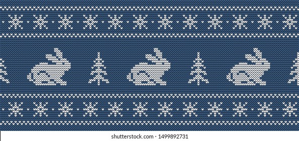 Christmas background. Knitted pattern with hares and christmas trees on a blue background. Ornament. Seamless border. Vector illustration