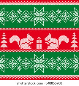 Christmas background. Knitted sweater with squirrels. Vector seamless pattern.