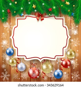 Christmas background with label and baubles, vector illustration 