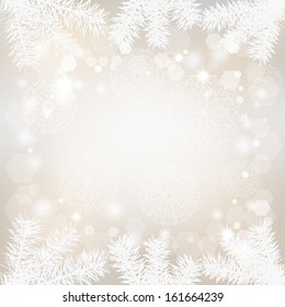 Christmas background with lacy snowflakes and fir branches