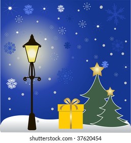 Christmas background with lamp, present and fir tree. Vector