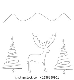 Christmas background landscape with trees and deer. Vector illustration