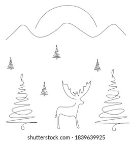 Paisaje de fondo navideño con árboles y ciervos. Ilustración del vector