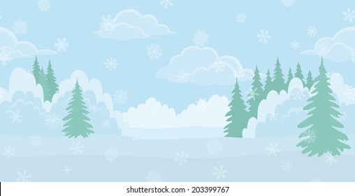 Christmas background landscape, winter white forest with snow and blue sky with clouds. Vector