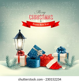 Christmas background with a lantern and presents. Vector.