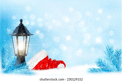 Christmas background with a lantern and a Santa hat. Vector.