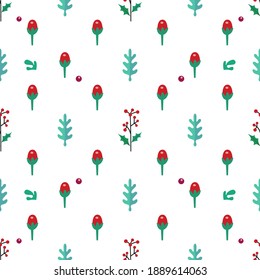 Christmas background with leaves and berries. Vector color illustration isolated on white background.