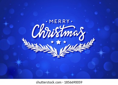 Christmas background with lettering, bokeh glitter lights and stars. Merry Christmas handwritten calligraphy. Vector illustration.