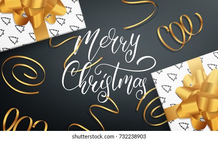 Christmas background. Background of Christmas lettering gift boxes and curly gift ribbons confetti. Merry Christmas design layout