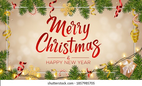 Christmas background with lettering Merry Christmas, realistic pine branches, shining garlands, gifts box, candy, serpentine, glitter gold snowflake. New Year greeting card, poster, postcard, banner