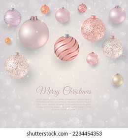 Christmas background with light Christmas baubles. Elegant Christmas background with rose and white evening balls