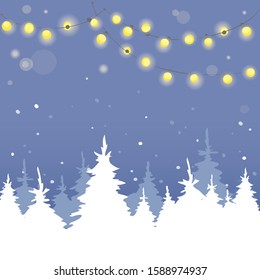 Christmas background with light bulbs and firs \ Vector illustration, winter banner. Eps 10.