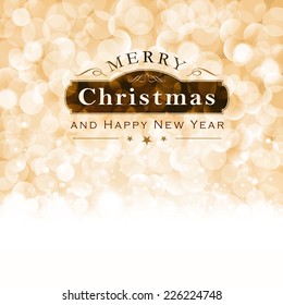 Christmas background with light effects and blurry light dots in shades of beige, golden and white. Centered is a label with the lettering Merry Christmas and Happy New Year.