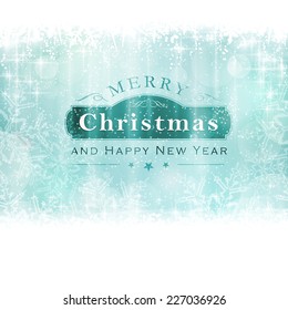 Fondo de Navidad con efectos claros y puntos de luz borrosos en tonos azules de invierno y blanco. Centered es una etiqueta con las letras Feliz Navidad y Feliz Año Nuevo.