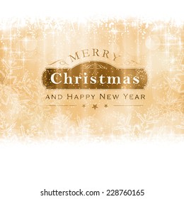 Christmas background with light effects and blurry light dots in shades of golden with a label with the lettering Merry Christmas and Happy New Year.