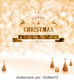 Fondo de Navidad con efectos de luz y puntos de luz borrosos en tonos beige, dorado y blanco. Centered es una etiqueta con las letras Feliz Navidad y Feliz Año Nuevo.