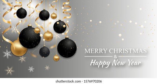 Christmas background light gray with Christmas balls black and golden colors, ribbons, snowflakes. Glowing Xmas ornament. Elegant New Year decoration for greeting card, poster or banner. Vector