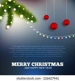 Christmas background with lights and balls. Christmas tree branch 