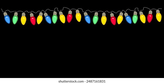 Christmas background with lights border and copy space. Multicolored bulbs on strand seamless horizontal pattern. Vector illustration. Trendy design for New Year, Xmas card, invitation, banner.