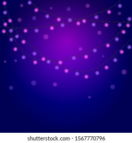 Christmas background with lights and free text space. Christmas lights border. Glowing colorful Christmas lights on black background. New Year. Christmas. Decor. Garland. Vector illustration.
