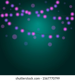 Christmas background with lights and free text space. Christmas lights border. Glowing colorful Christmas lights on black background. New Year. Christmas. Decor. Garland. Vector illustration.