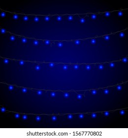 Christmas background with lights and free text space. Christmas lights border. Glowing colorful Christmas lights on black background. New Year. Christmas. Decor. Garland. Vector illustration.