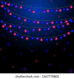 Christmas background with lights and free text space. Christmas lights border. Glowing colorful Christmas lights on black background. New Year. Christmas. Decor. Garland. Vector illustration.