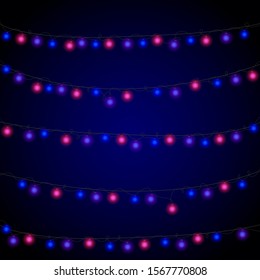 Christmas background with lights and free text space. Christmas lights border. Glowing colorful Christmas lights on black background. New Year. Christmas. Decor. Garland. Vector illustration.