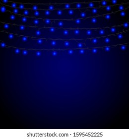 Christmas background with lights and free text space. Christmas lights border. Glowing colorful Christmas lights on black background. New Year. Christmas. Decor. Garland. Vector illustration.
