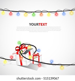 christmas background with christmas lights and gift box, xmas background concept