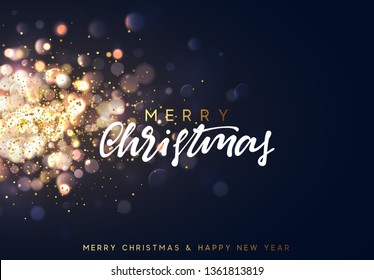 Christmas background with lights gold bokeh. Xmas card. Magic holiday card, poster, banner. Night bright golden light background