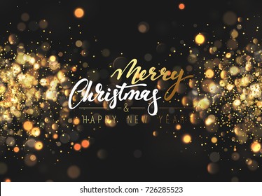 Christmas background with lights gold bokeh. Xmas card. Magic holiday card, poster, banner. Night bright golden light background. Merry Christmas and Happy New Year. vector illustration