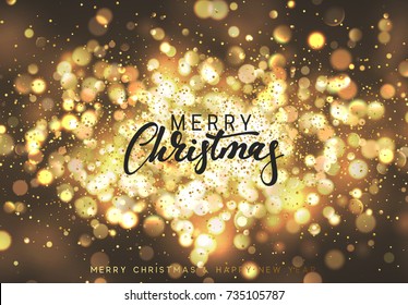 Christmas background with lights gold bokeh. Xmas card. Magic holiday card, poster, banner. Night bright golden light background