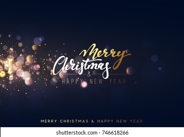 Christmas background with lights gold bokeh. Xmas card. Magic holiday card, poster, banner. Night bright golden light background